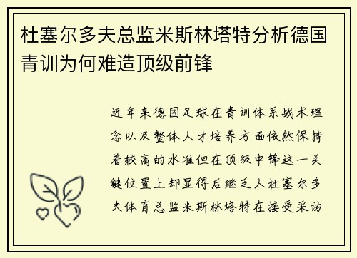 杜塞尔多夫总监米斯林塔特分析德国青训为何难造顶级前锋